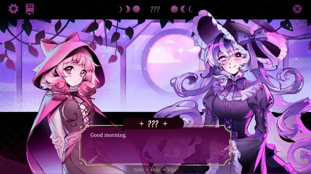 Porcelain Heart screenshot: a pink-haired girl in a pink hooded cloak beside a smiling witch in a wide purple hat and lace dress, who says Good morning
