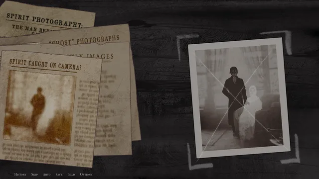 Portrait of a Ghost screenshot: old newspaper clippings about spirit photography beside a faked photograph of a ghost