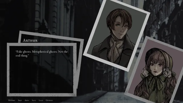 Portrait of a Ghost screenshot: photo-framed portraits of Arthur and a girl in a green hood over a dark old city street