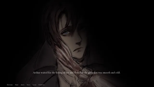Portrait of a Ghost screenshot: a pale hand touches Arthur's face as he waits for the feeling of rot and flesh
