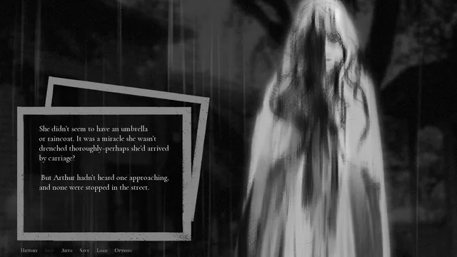 Portrait of a Ghost screenshot: a pale, veiled ghostly figure stands in the rain beside text about a girl who arrived without an umbrella or carriage
