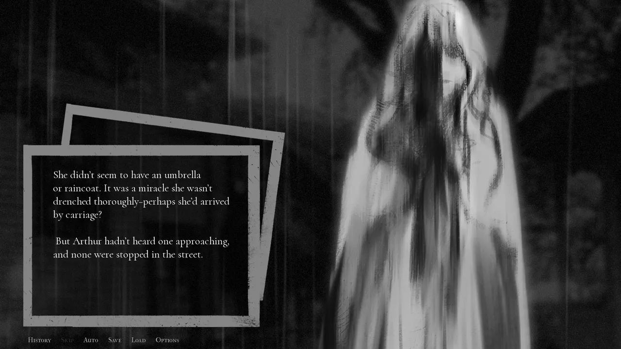 Portrait of a Ghost screenshot: a pale, veiled ghostly figure stands in the rain beside text about a girl who arrived without an umbrella or carriage
