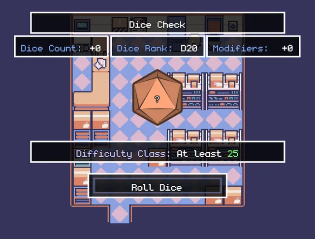 Post Memory screenshot: a d20 dice check with difficulty class 25 over a pixel-art room