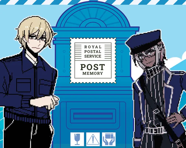 Post Memory cover art: two postmen, one blond in a navy jacket and one in a cap and glasses, on either side of a blue Royal Postal Service post box