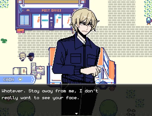 Post Memory screenshot: Cain in a navy jacket outside the pixel-art post office, saying stay away from me