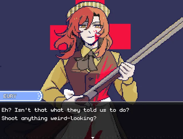 Post Memory screenshot: Eury with blood on her face holding a rifle, asking if they were not told to shoot anything weird-looking