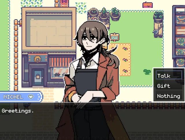 Post Memory screenshot: Michel the florist outside her shop with Talk, Gift and Nothing choices