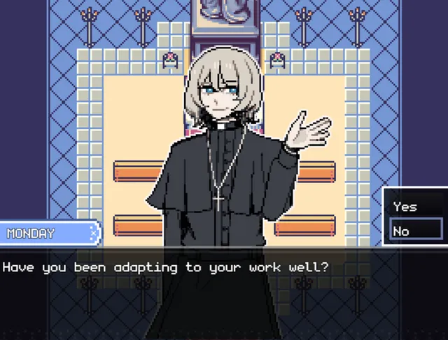 Post Memory screenshot: Monday the priest in the church asking if you have been adapting to your work