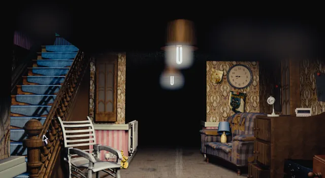 A dark doorway with a metal frame at the end of a checkered hall, with the attention, oxygen and condition meters