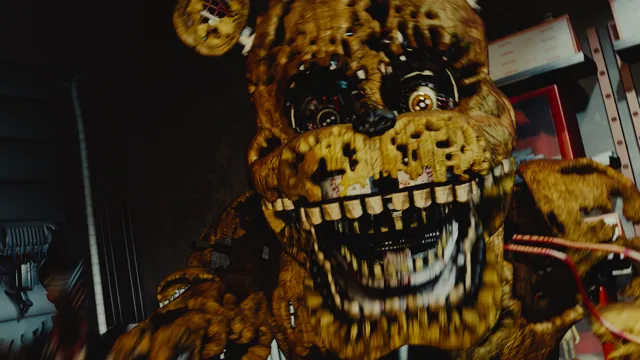 A long, dark warehouse aisle with a pale puppet-like face at the far end