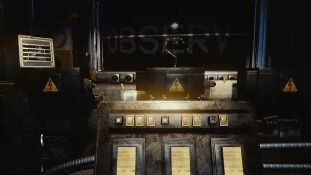A control panel with switches and warning signs under the word OBSERV