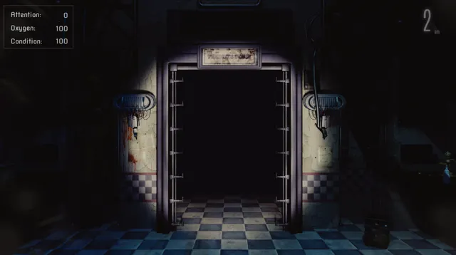 A dim stage with a purple star curtain, with attention, oxygen and condition meters in the corner and the night number 2