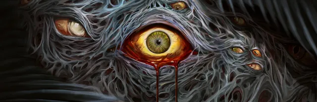 Post Trauma key art: a bleeding yellow eye surrounded by smaller eyes in a mass of grey tendrils