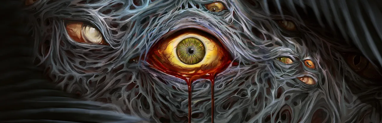 Post Trauma key art: a bleeding yellow eye surrounded by smaller eyes in a mass of grey tendrils