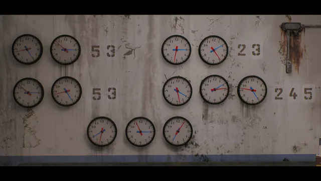 A clue on a stained wall: rows of clocks beside stencilled numbers