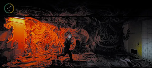 Roman running with a weapon through a corridor overgrown with glowing orange flesh