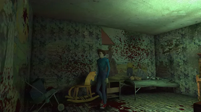 Power Drill Massacre screenshot: Megan in a child's room spattered with blood, a rocking horse, pram and skeleton on a bed