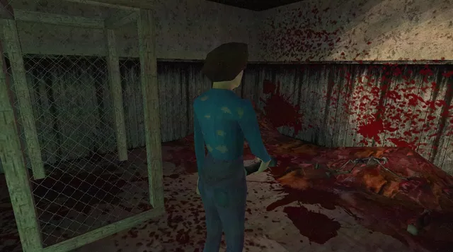 Power Drill Massacre screenshot: Megan beside a wire cage in a room whose walls and floor are soaked in blood