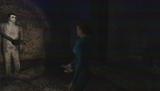 Power Drill Massacre screenshot: a pale masked killer looms in a dark brick corridor behind Megan, who holds a flashlight