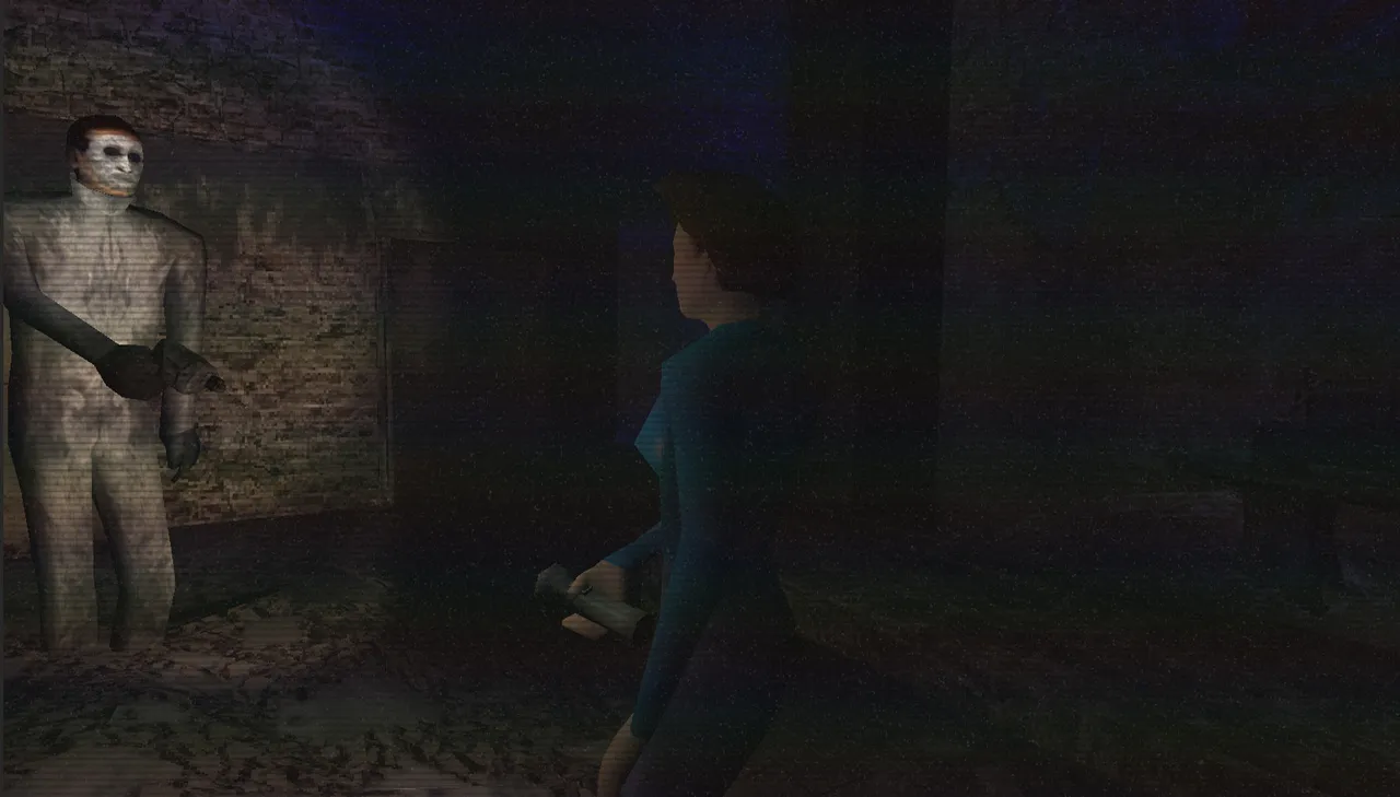 Power Drill Massacre screenshot: a pale masked killer looms in a dark brick corridor behind Megan, who holds a flashlight
