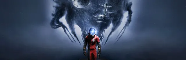 Prey key art: Morgan Yu in a red suit and glowing helmet stands beneath a huge black, smoke-like alien shape that holds the Moon and the Talos I station