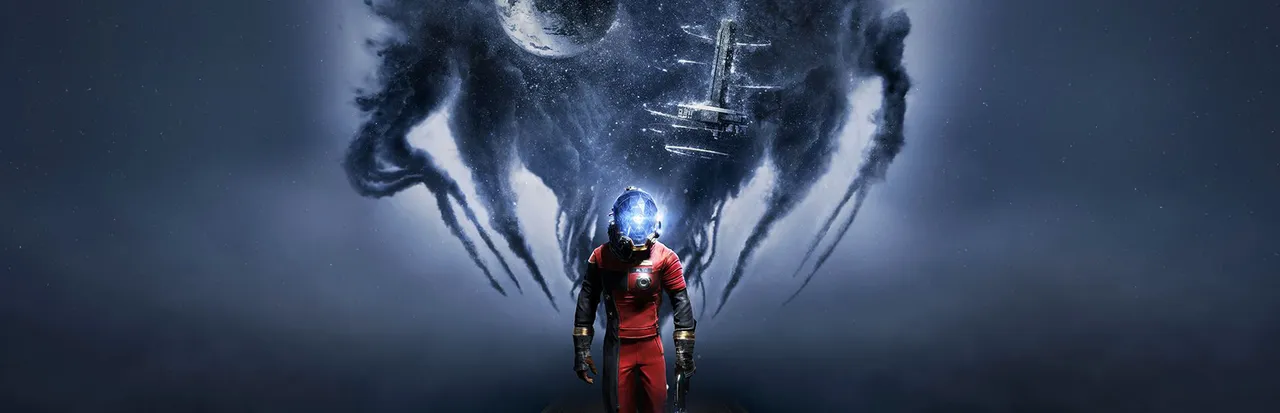 Prey key art: Morgan Yu in a red suit and glowing helmet stands beneath a huge black, smoke-like alien shape that holds the Moon and the Talos I station