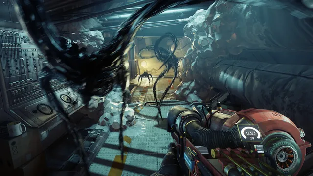 First-person view with the GLOO Cannon as black, tendrilled Typhon creatures rush through a station corridor