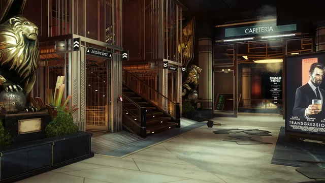 The art deco lobby of Talos I with a gold lion statue, staircase and cafeteria sign