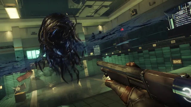 A shadowy Typhon with flowing tendrils floats in a tiled station room as the player holds a shotgun