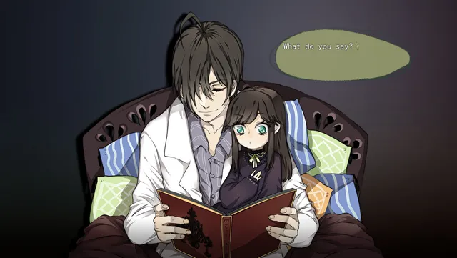 A man in a white coat reading a storybook to a dark-haired girl in his lap