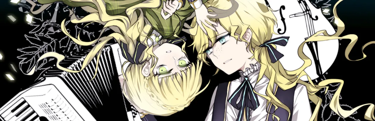 PRICE key art: blond siblings Ivry and Iva lying head to head among an accordion, a violin and dark flowers