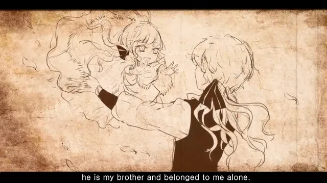 A sepia sketch of two children in a memory scene, with a subtitle reading he is my brother and belonged to me alone
