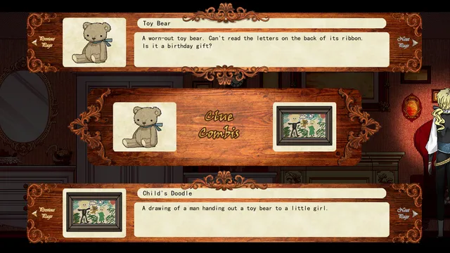 The clue combining screen joining a worn toy bear and a child's doodle of a man handing a bear to a girl