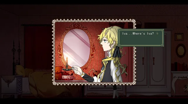 Ivry looking into a framed mirror in a dim red bedroom, asking where Iva is