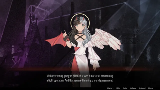 PROJECT: Halloween screenshot: Leena raises a finger and says keeping things running required forming a world government