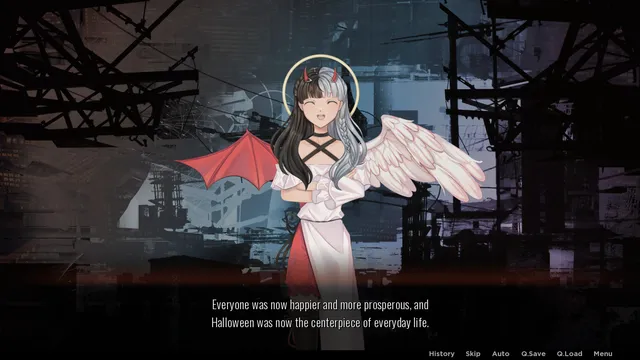 PROJECT: Halloween screenshot: Leena before ruined industrial towers says Halloween was now the centerpiece of everyday life
