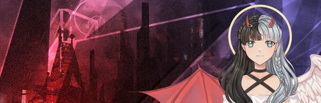 PROJECT: Halloween art: Leena, a girl with a halo, small horns, one angel wing and one bat wing, before a dark red and purple city