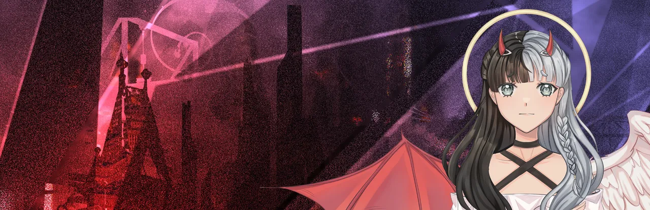 PROJECT: Halloween art: Leena, a girl with a halo, small horns, one angel wing and one bat wing, before a dark red and purple city