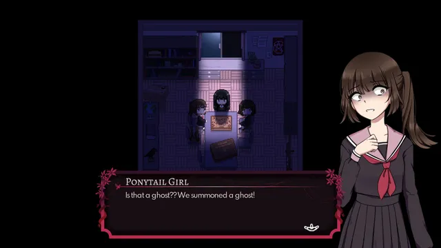 Project Kat screenshot: girls holding a seance at a table in a dark pixel-art room, and a frightened girl saying Is that a ghost? We summoned a ghost