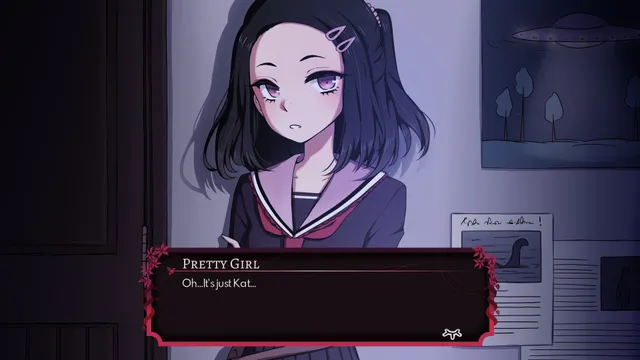 Portrait of Kat, a dark-haired girl in a sailor school uniform, in a dim room, with a dialogue box