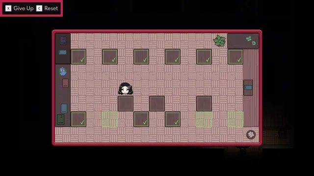 A desk-pushing puzzle in a pink tiled classroom seen from above