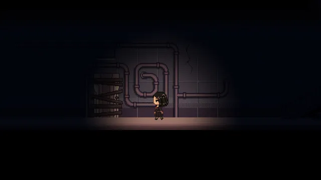 Kat as a tiny pixel figure in a pool of light in a dark basement with pipes