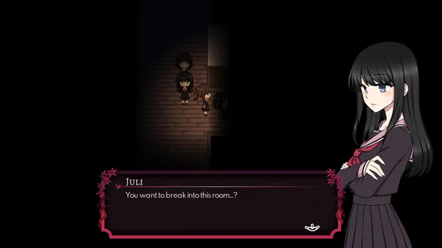 Juli, a long-haired girl with crossed arms, asks if you want to break into this room, beside a dark corridor