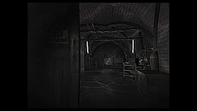 Project Looking Glass screenshot: a dim vaulted brick laboratory with a trolley and machines, a laser warning sign on the wall