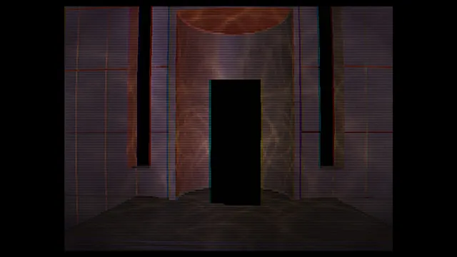 Project Looking Glass screenshot: a black doorway in a curved, copper-lit wall, seen through scanlines on an old CRT monitor