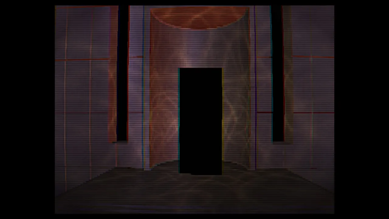Project Looking Glass screenshot: a black doorway in a curved, copper-lit wall, seen through scanlines on an old CRT monitor