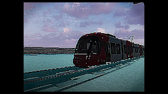 Project Looking Glass screenshot: a red tram on tracks under a purple cloudy sky, with heavy CRT scanlines