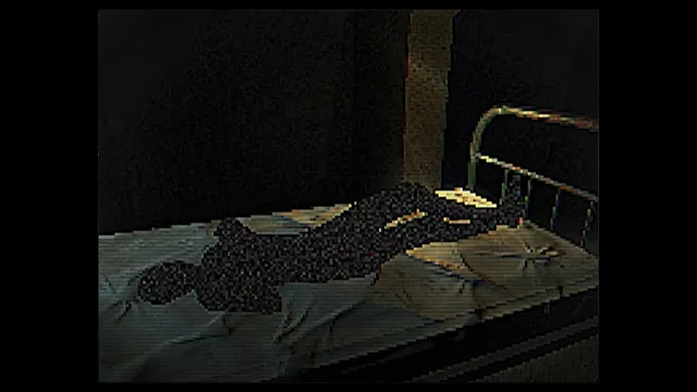 Project Looking Glass screenshot: a dark, pixelated figure lies on a hospital bed with a metal frame, lit by a thin light