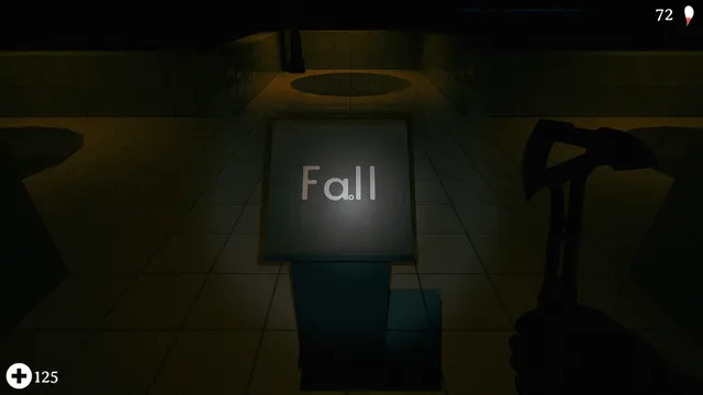 Project Lunky screenshot: the player holds an axe before a sign reading Fall in a yellow-lit tiled room