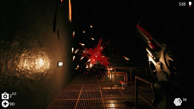 Project Lunky screenshot: the player fires a revolver down a dark metal walkway in a spray of blood